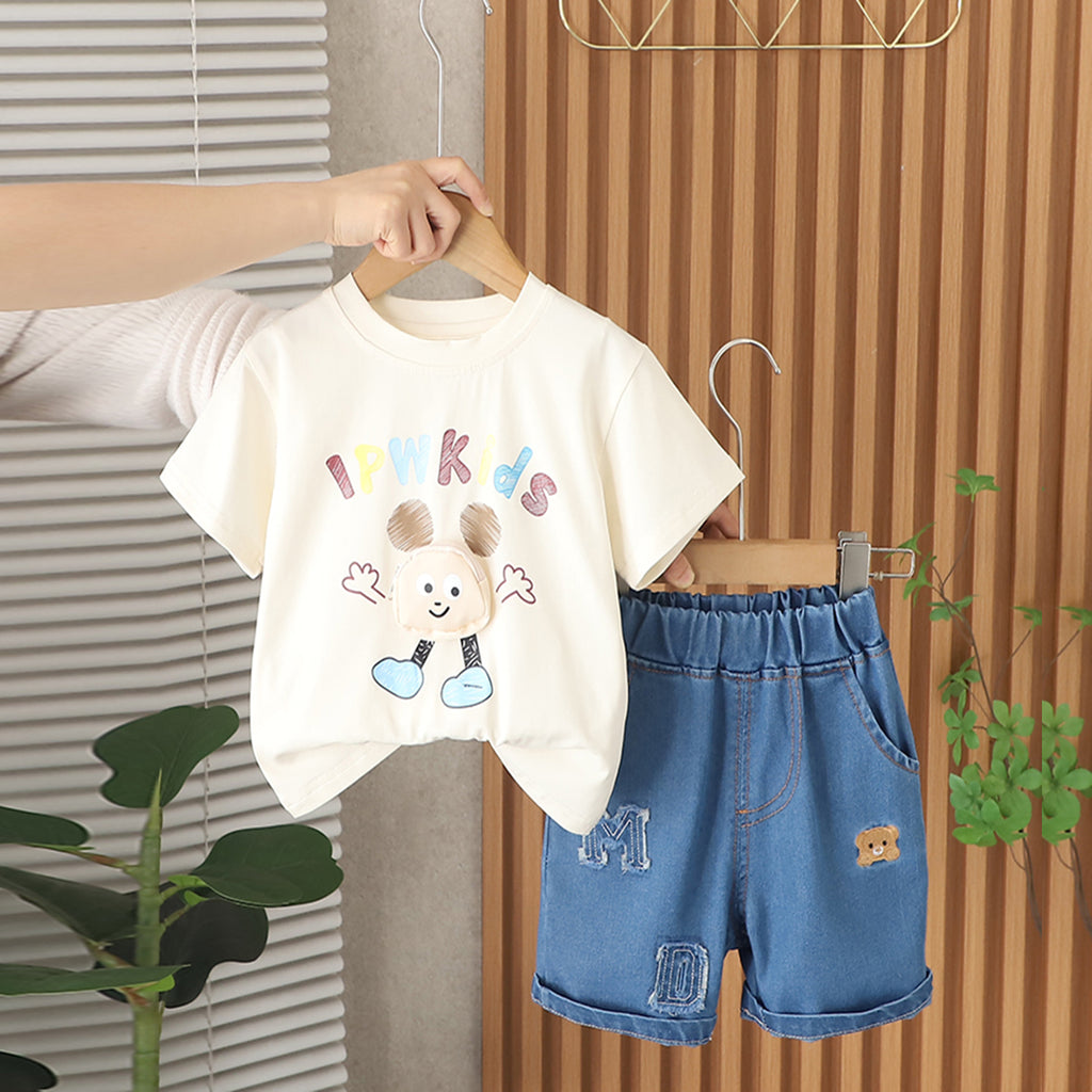 Boys Off White Pouch Pocket Short Sleeves T-Shirt With Denim Shorts Set 2 pc. Sets Off White 1-2 Y