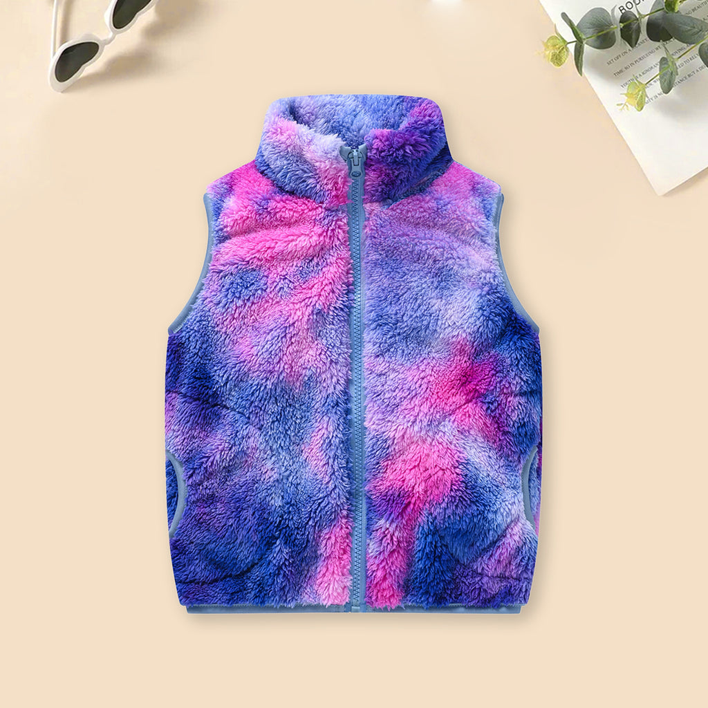 Girls Blue Tie-Dye Printed Fleece Front Zipper Sleeveless Winter Jacket Coats & Jackets Blue 3-4 Y