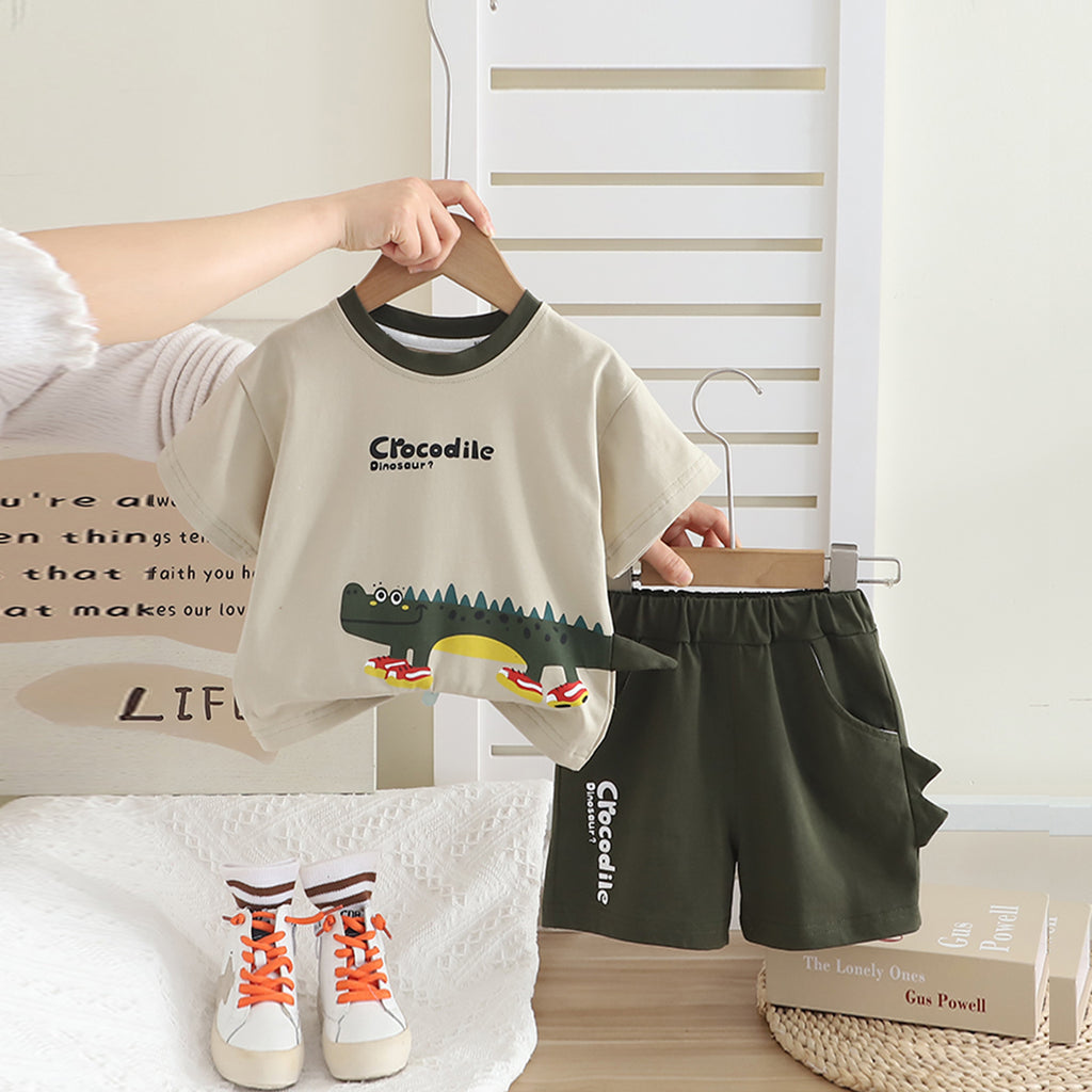 Boys khaki Crocodile Printed Short Sleeves T-Shirt With Shorts Set 2 pc. Sets Khaki 1-2 Y