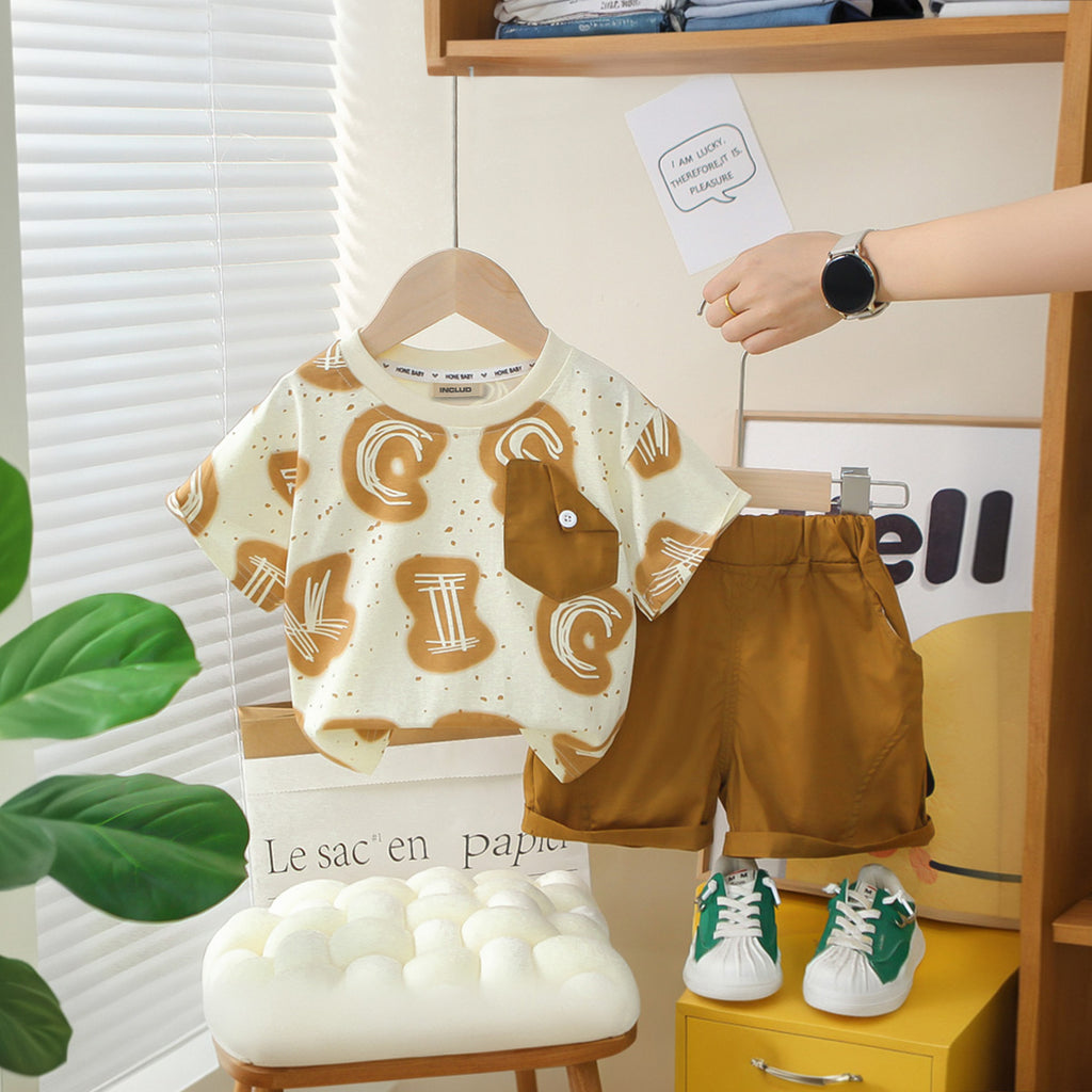 Boys Brown Typographic Printed Short Sleeves T-Shirt With Shorts Set 2 pc. Sets Brown 1-2 Y