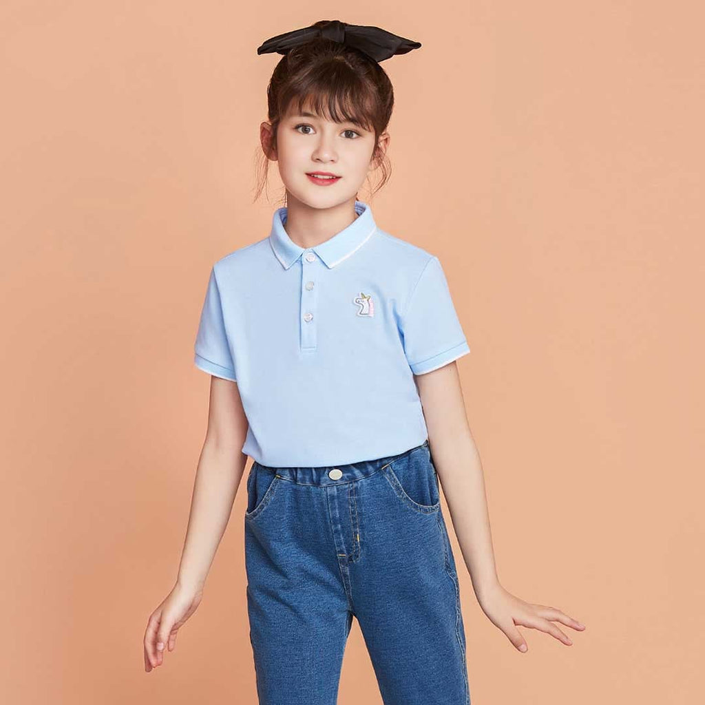 Girls Short Sleeve Polo Neck T-Shirt Tshirts Blue 3-4 Y 