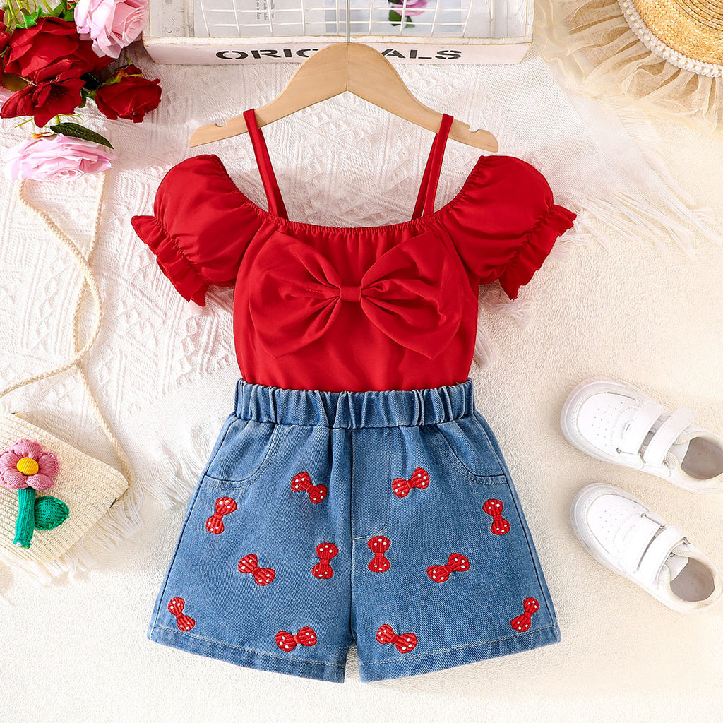 Girls Red Off Shoulder Top With Denim Shorts Set 2 pc. Sets Red 3-4 Y