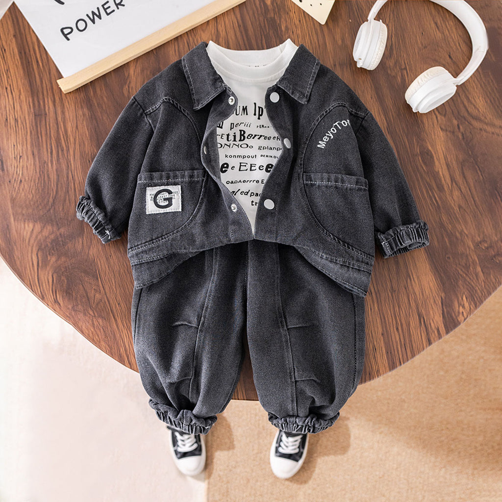 Boys Black Solid Denim Shacket With Printed T-Shirt & Jogger Set Sets Black 1-2 Y