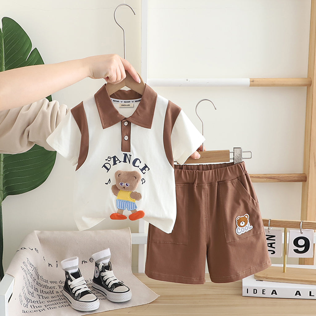 Boys Brown Teddy Bear Patch Polo T-shirt With Shorts Set Sets Brown 1-2 Y