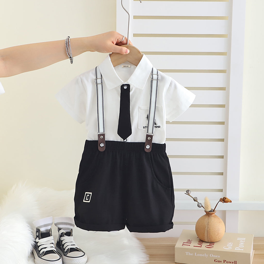Boys White Short Sleeves Shirt With Neck tie And Suspenders Shorts Set Sets White 1-2 Y