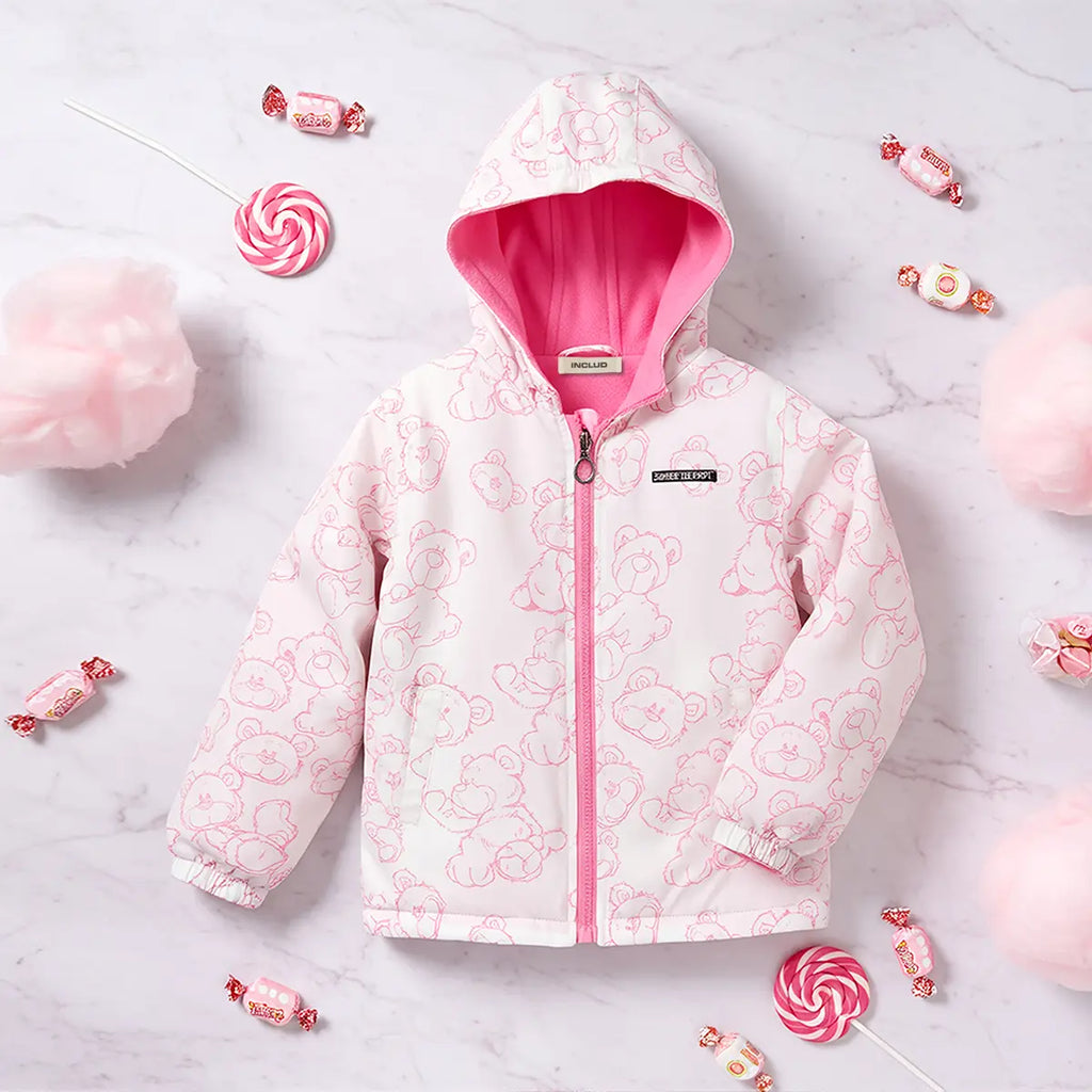 Girls Pink Bear Printed Reversible Hooded Zipper Jacket Coats & Jackets Pink 3-4 Y
