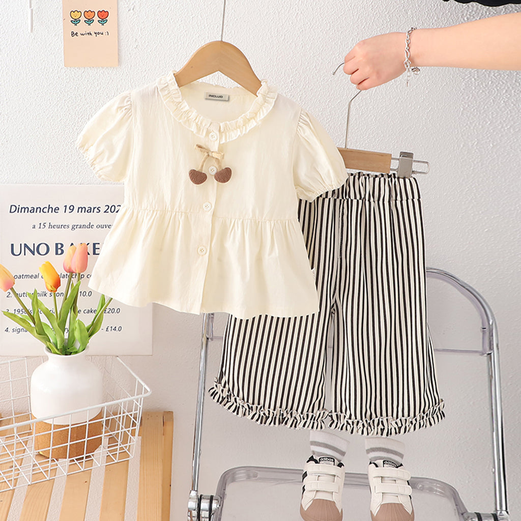 Girls Apricot Puff Sleeves Frilled Neck Peplum Top With Striped Pants Set 2 pc. Sets Apricot 1-2 Y
