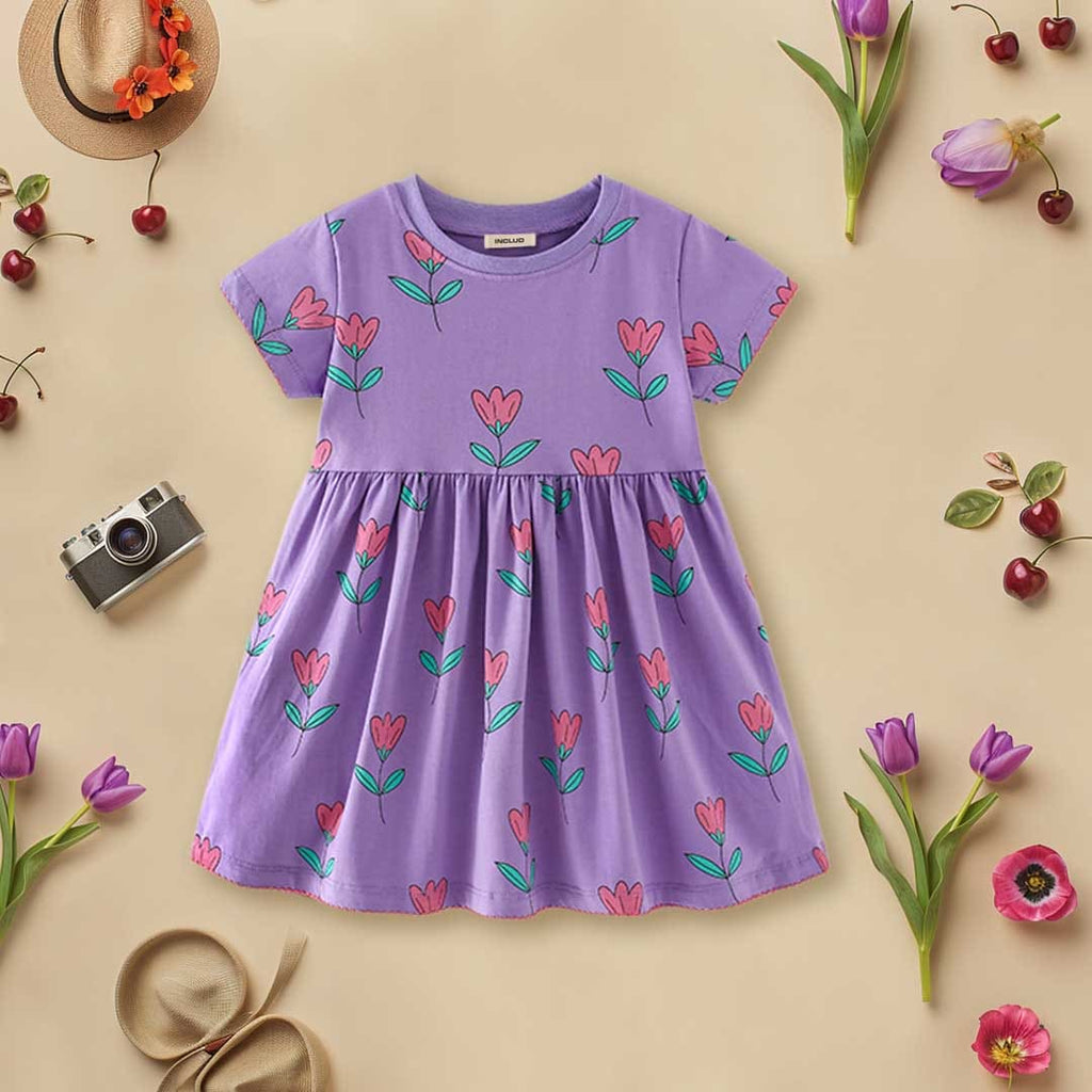 Girls Floral Print Short Sleeves Casual Dress Casual Dresses Purple 1-2 Y 