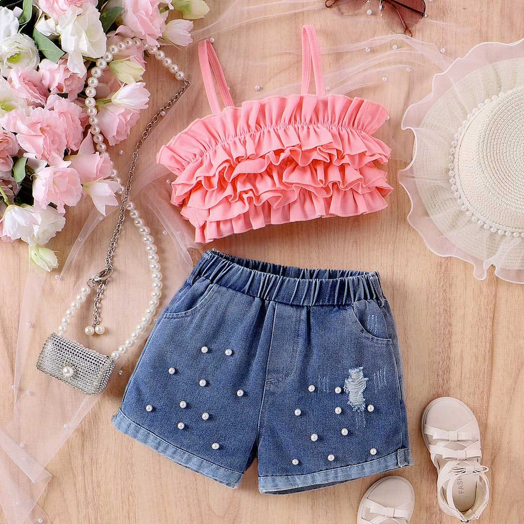 Girls Ruffles Camisole Top With Denim Shorts Set Sets Pink 4-5 Y 