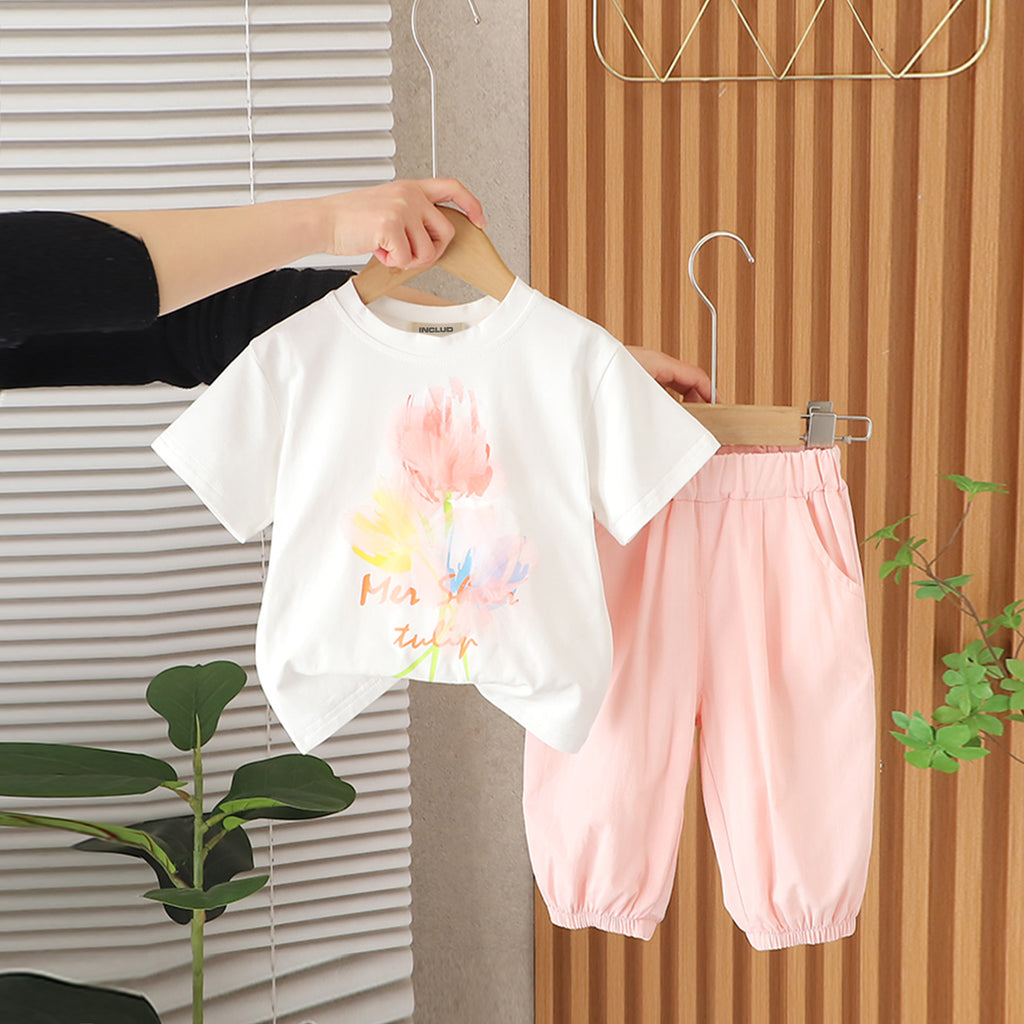 Girls White Graphic Printed Short Sleeves T-Shirt With Pants Set 2 pc. Sets White 1-2 Y