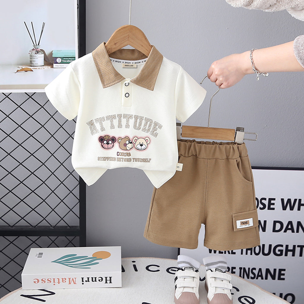 Boys Printed Contrast Collared Polo T-Shirt With Khaki Shorts Set 2 pc. Sets Khaki 1-2 Y