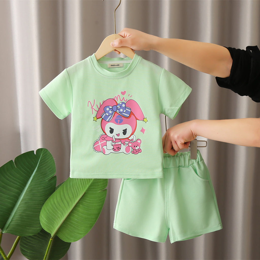 Girls Green Cartoon Printed T-shirt with Knitted Shorts Set Sets Green 1-2 Y
