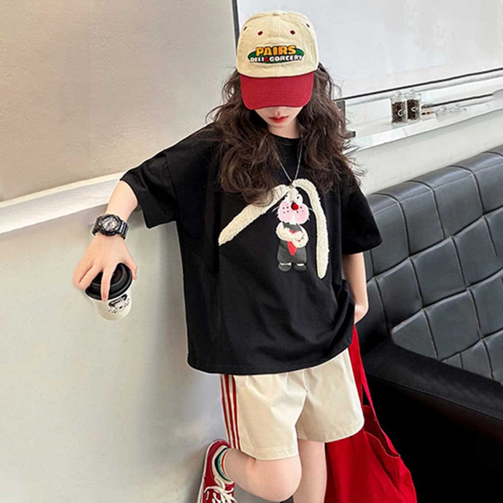 Girls Short Sleeves Applique Embroidery T-Shirt With Shorts Set Sets Black 6-7 Y 
