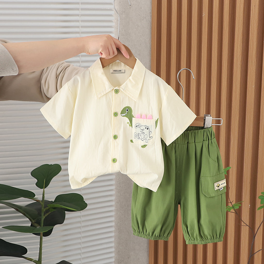 Boys Dinosaur Printed Short Sleeves Shirt With Green Bermudas Set 2 pc. Sets Green 1-2 Y