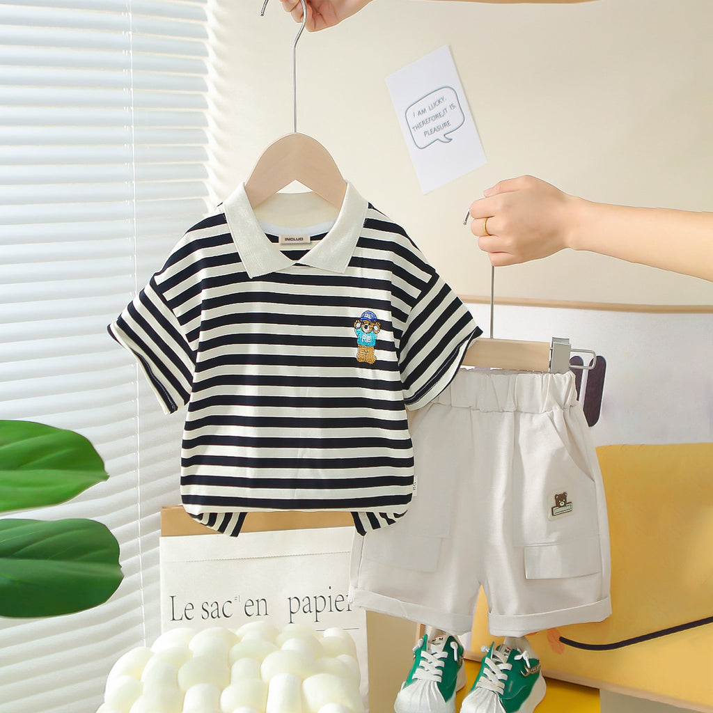 Boys Black Horizontal Striped Polo T-Shirt With Shorts Set 2 pc. Sets Black 1-2 Y