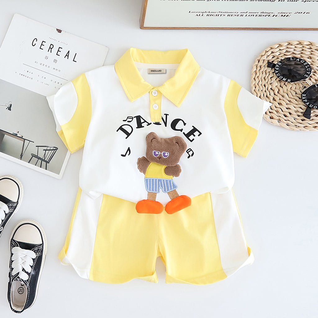 Boys Yellow Cat Applique Color-blocked Polo T-Shirt With Shorts Set 2 pc. Sets Yellow 1-2 Y