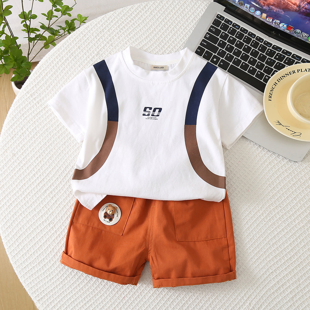Boys White Backpack Printed T-shirt with Shorts Set Sets White 1-2 Y