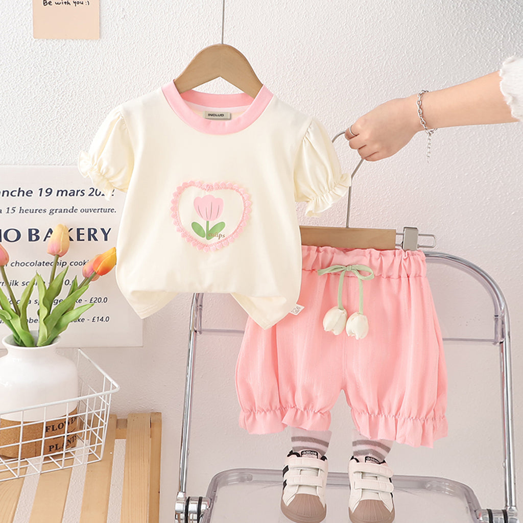 Girls Flower Printed Puff Sleeves Top With Pink Shorts Set 2 pc. Sets Pink 1-2 Y