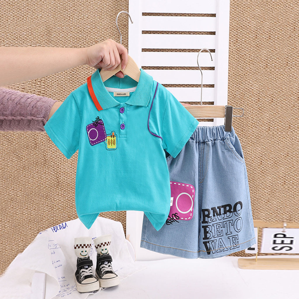 Boys Teal Applique Polo T-Shirt With Denim Shorts Set 2 pc. Sets Teal 1-2 Y