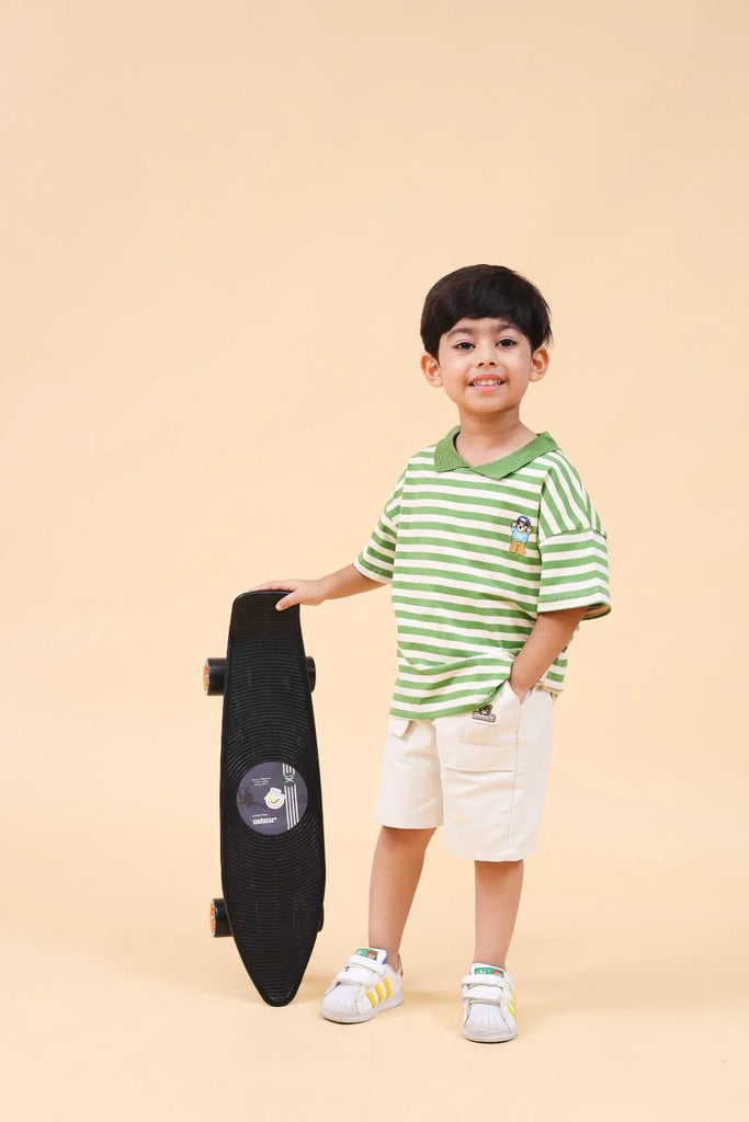Boys Green Horizontal Striped Polo T-Shirt With Shorts Set 2 pc. Sets Green 1-2 Y