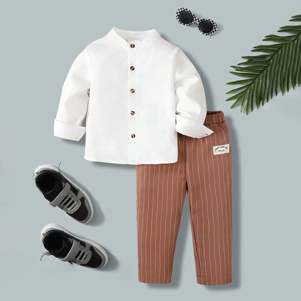 Boys Long Sleeves Mandarin Collared Shirt With Brown Striped Pants Set 2 pc. Sets Brown 3-4 Y