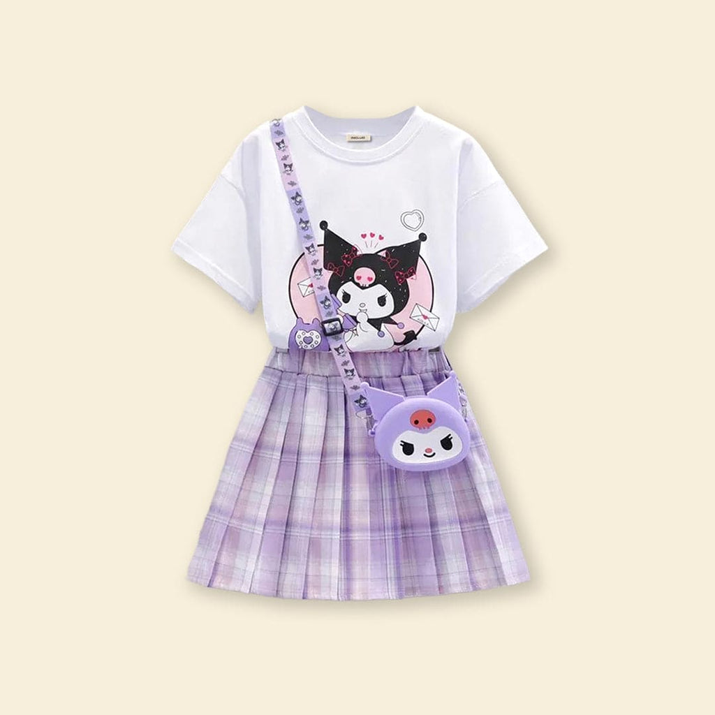 Girls Printed T-Shirt With Checkered Print Skirt Sets Purple 4-5 Y