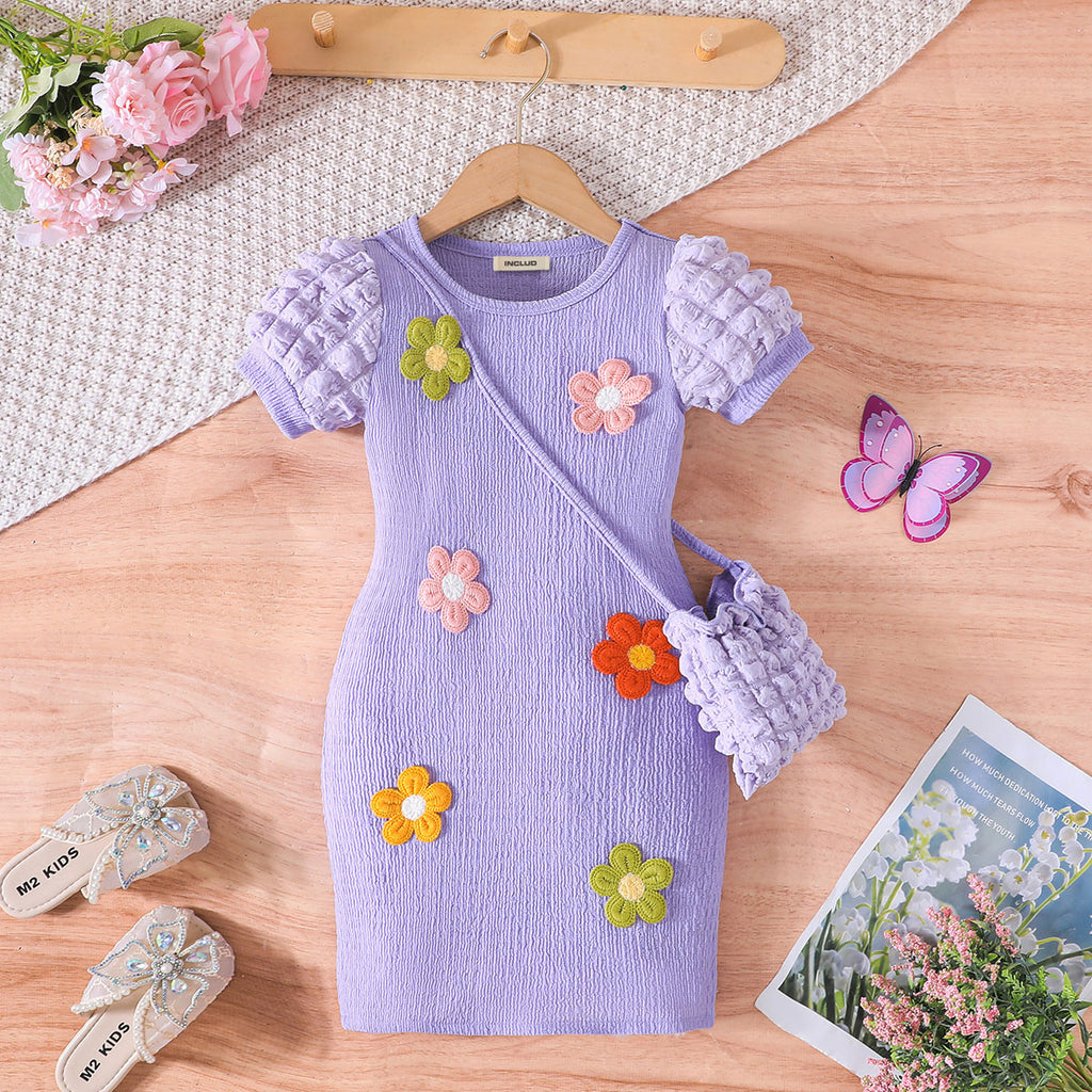 Girls Purple Textured Summer Bodycon Dress With Bag Casual Dresses Purple 3-4 Y