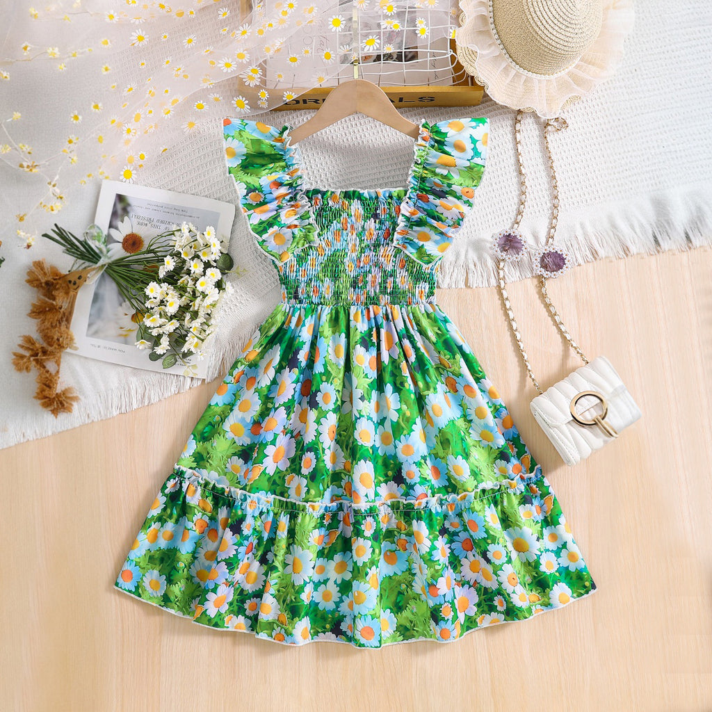 Girls Green Floral Printed Sleeveless Tiered Fit And Flared Casual Dress Casual Dresses Green 3-4 Y