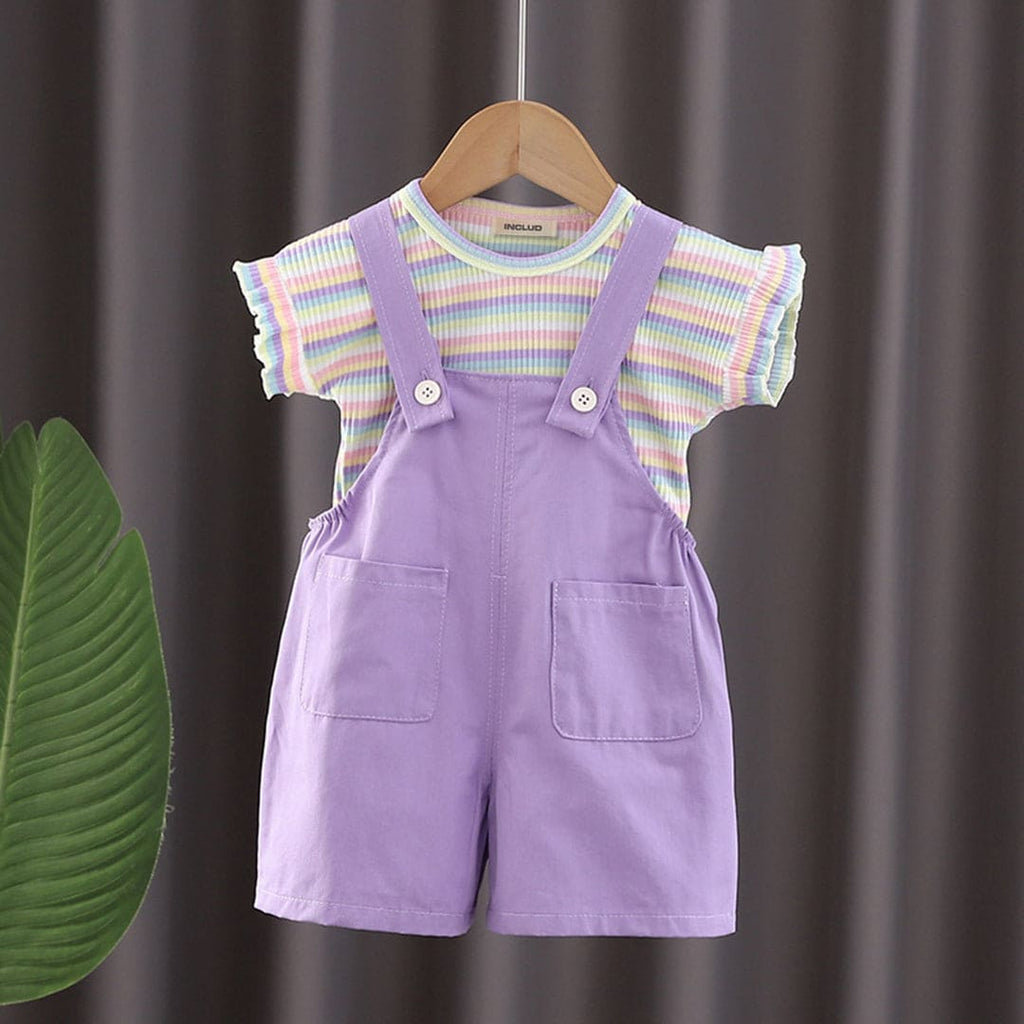 Girls Short Sleeve Striped T-Shirt With Dungaree Set 2 pc. Sets Purple 1-2 Y 
