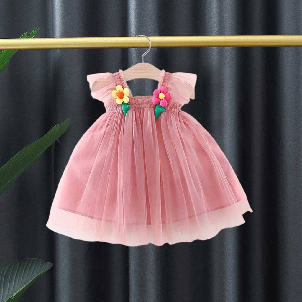 Girls Flower Patch Casual Tulle Dress Casual Dresses Pink 1-2 Y 