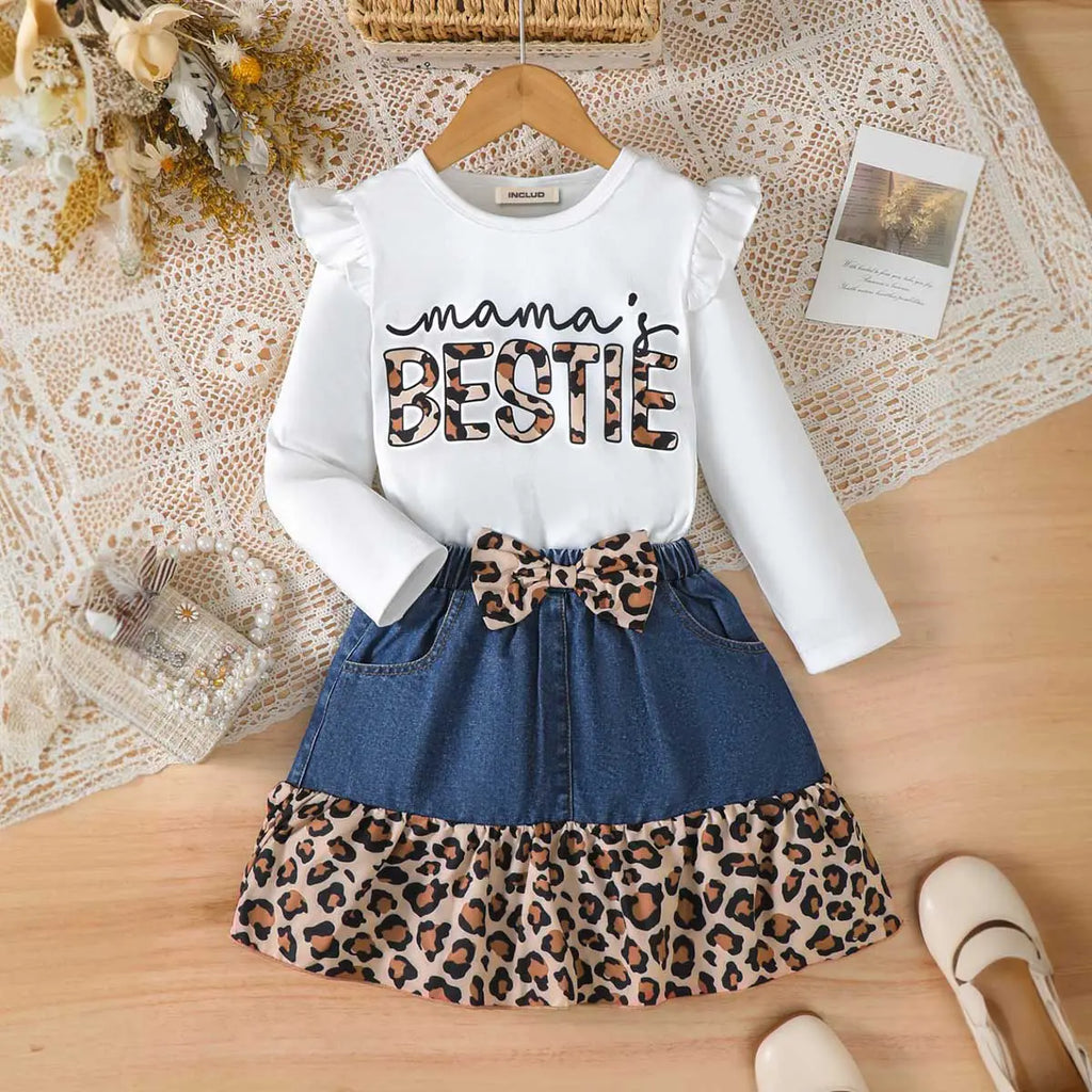 Girls White Typographic Printed Top With Denim Skirt Sets 2 pc. Sets White 3-4 Y