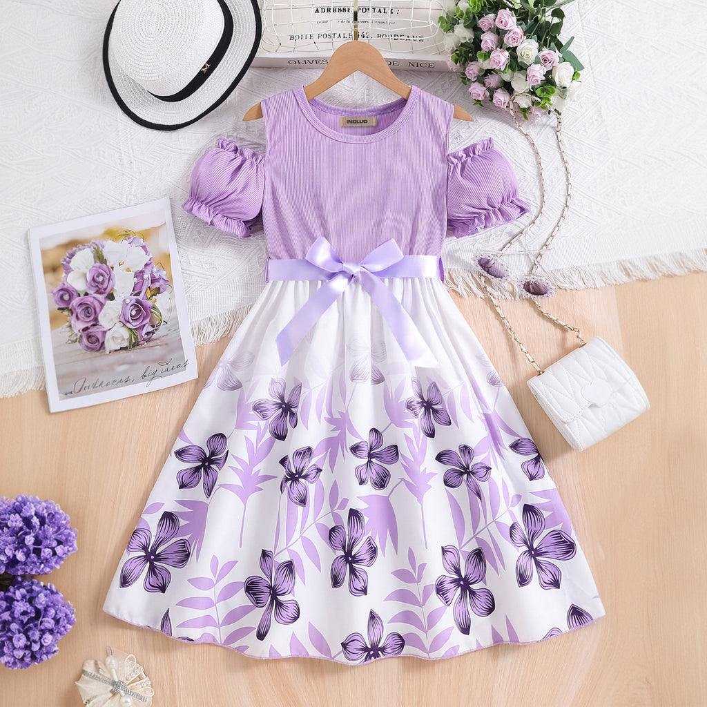 Girls Purple Floral Printed Cold Shoulder Fit And Flared Midi Dress Casual Dresses Purple 3-4 Y