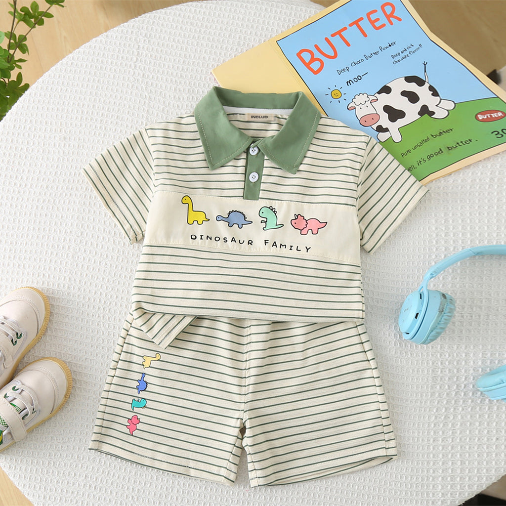 Boys Green Dinosaur Striped Polo T-shirt with Shorts Set Sets Green 1-2 Y