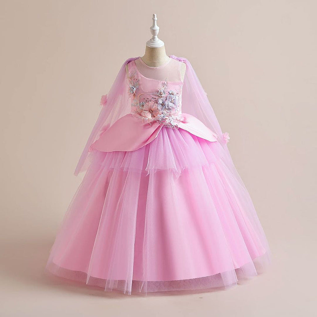 Girls Flower Applique Party Wear Gown Party Dresses Pink 6-7 Y 