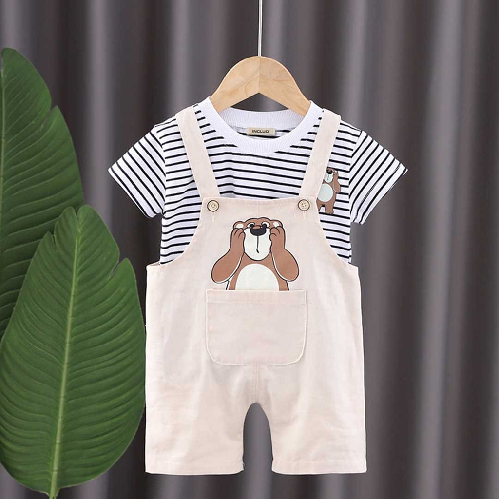 Boys Striped T-shirt with Printed Dungaree Set Sets Beige 1-2 Y 