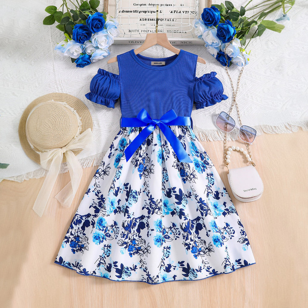 Girls Blue Floral Printed Cold Shoulder Fit And Flared Dress Casual Dresses