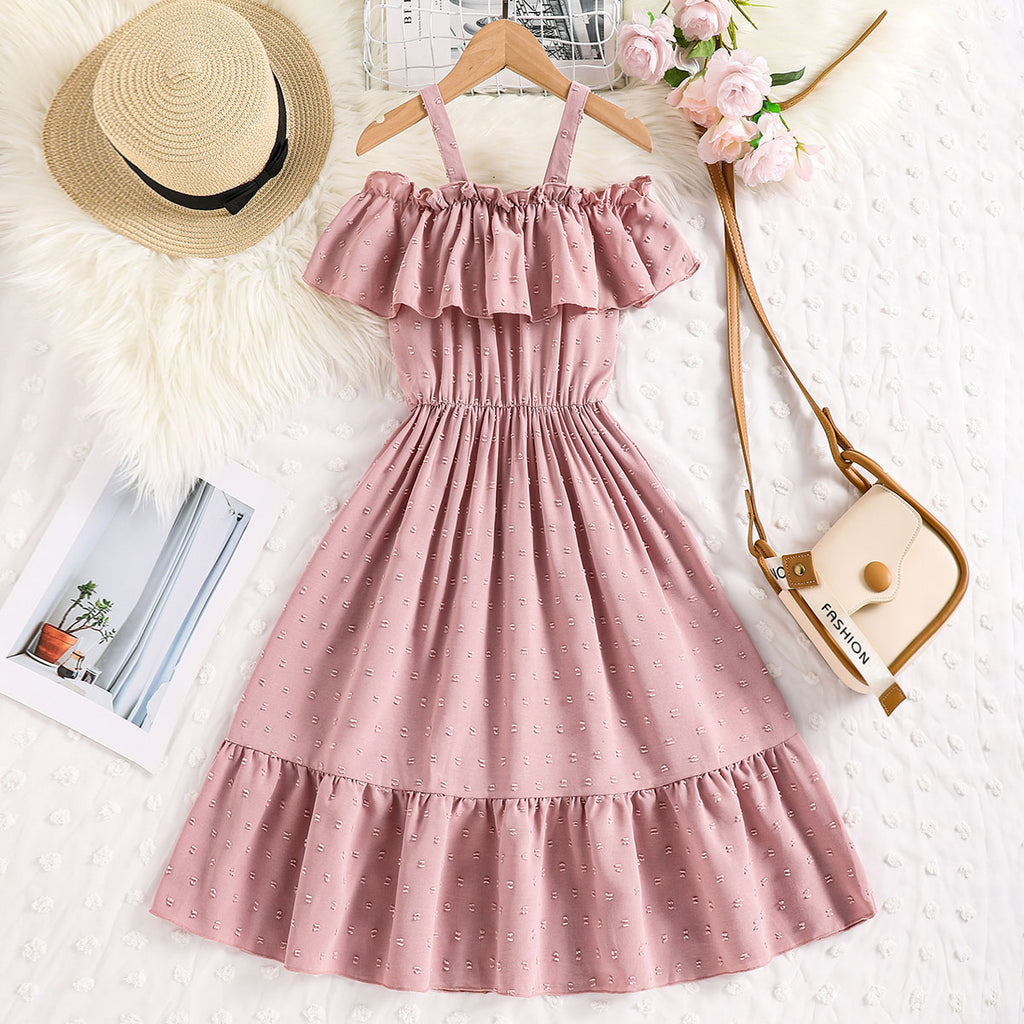 Girls Pink Shoulder Strap Neck Ruffle Sleeveless Dress Casual Dresses Pink 7-8 Y