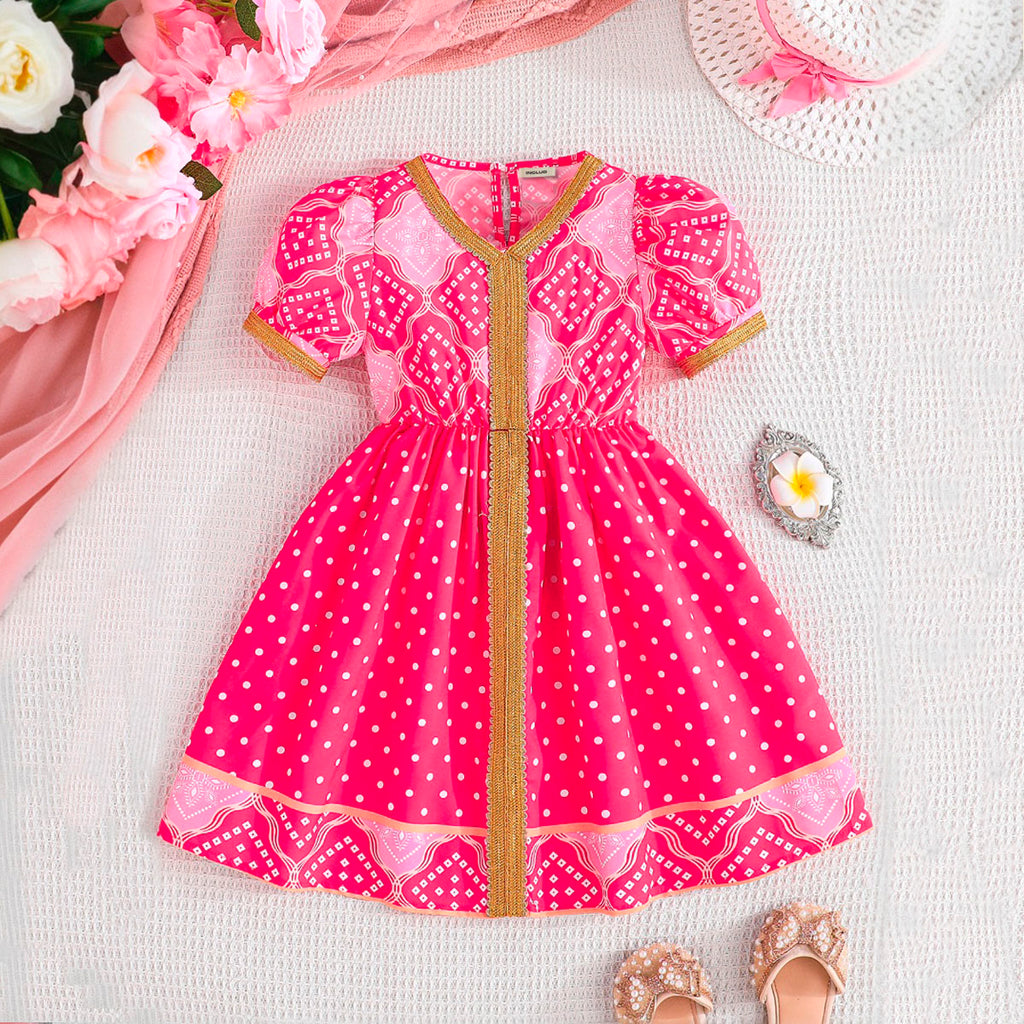 Girls Pink Polka Dot Printed Puff Short Sleeves Dress Casual Dresses