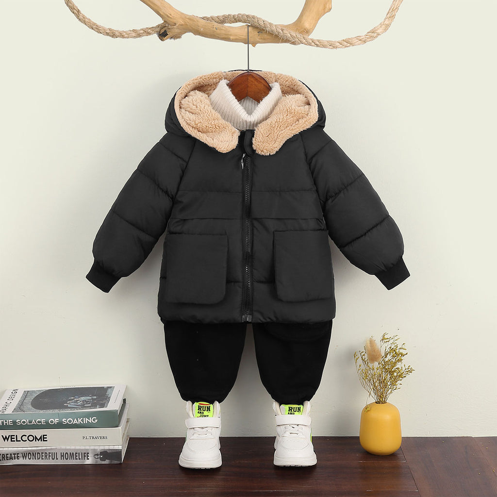 Girls Black Solid Hooded Quilted Down Jacket Coats & Jackets Black 1-2 Y