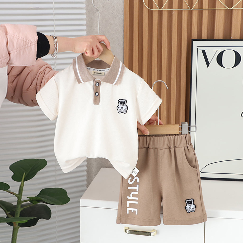 Boys White Polo T-shirt with Shorts Set 2 pc. Sets Beige 1-2 Y