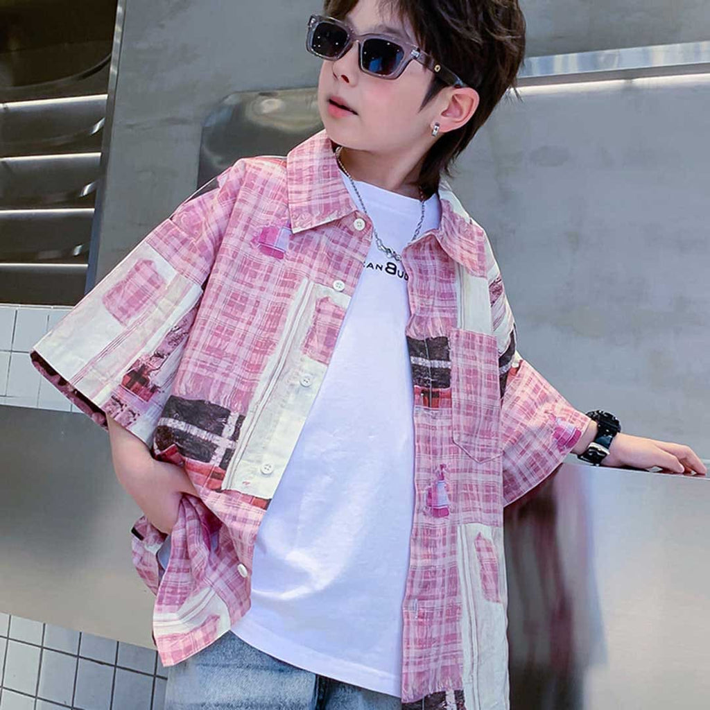 Boys Short Sleeve Plaid Patch Shirt Shirts Pink 3-4 Y 