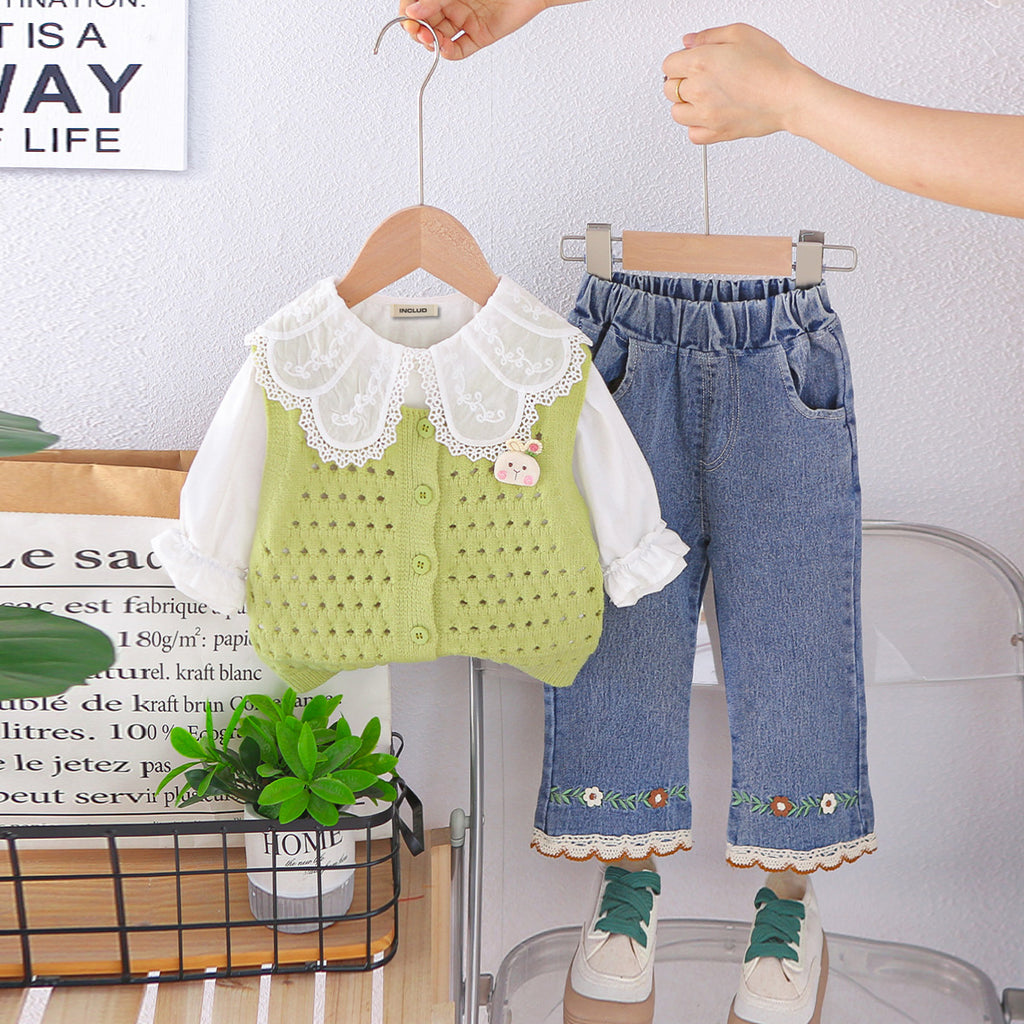 Girls Green Solid Woolen Pullover With Top & Denim Pants Sets Green 1-2 Y