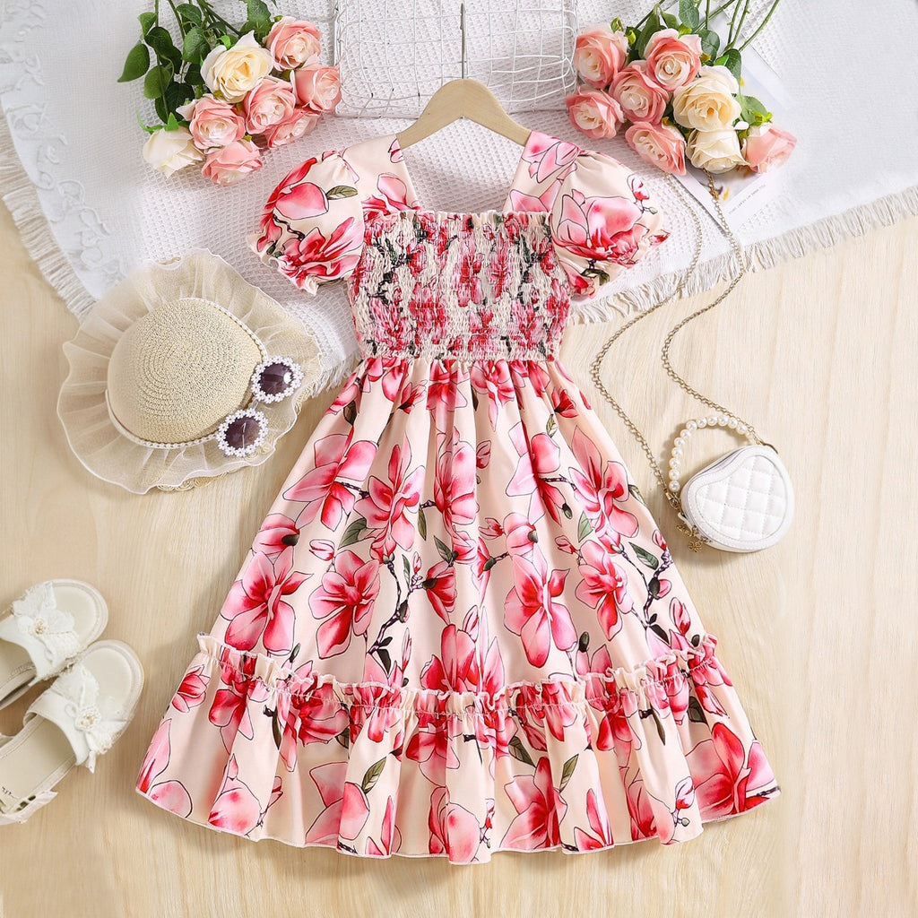 Girls Pink Floral Printed Puff Sleeves Square Neck Fit & Flare Dress Casual Dresses