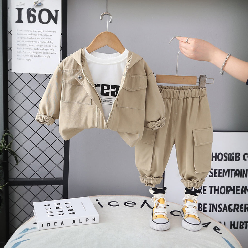Boys Khaki Solid Hooded Jacket With T-Shirt and Jogger Set Sets Khaki 1-2 Y