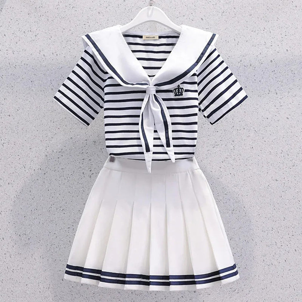 Girls Scarf Neck Striped Top With Pleated Skirt Sets White 4-5 Y