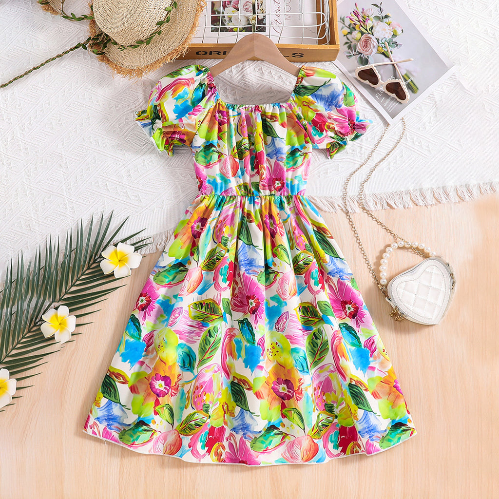 Girls Multi Color Flowers Printed Puff Sleeves Scoop Neck Fit & Flare Dress Casual Dresses Multicolor 3-4 Y