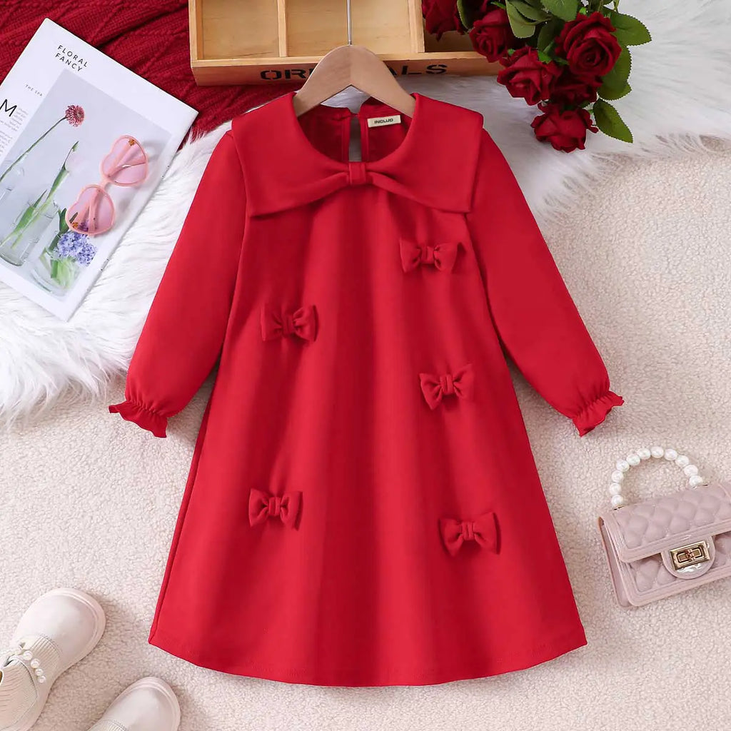 Girls Red Solid Bow Long Sleeves A-line Dress Casual Dresses Red 3-4 Y