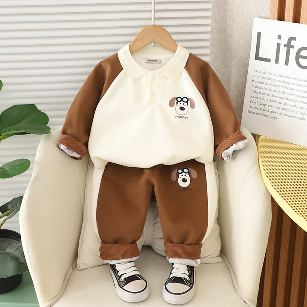 Boys Brown Puppy Cartoon Printed Winter Polo Sweatshirt With Pants Set 2 pc. Sets Brown 1-2 Y