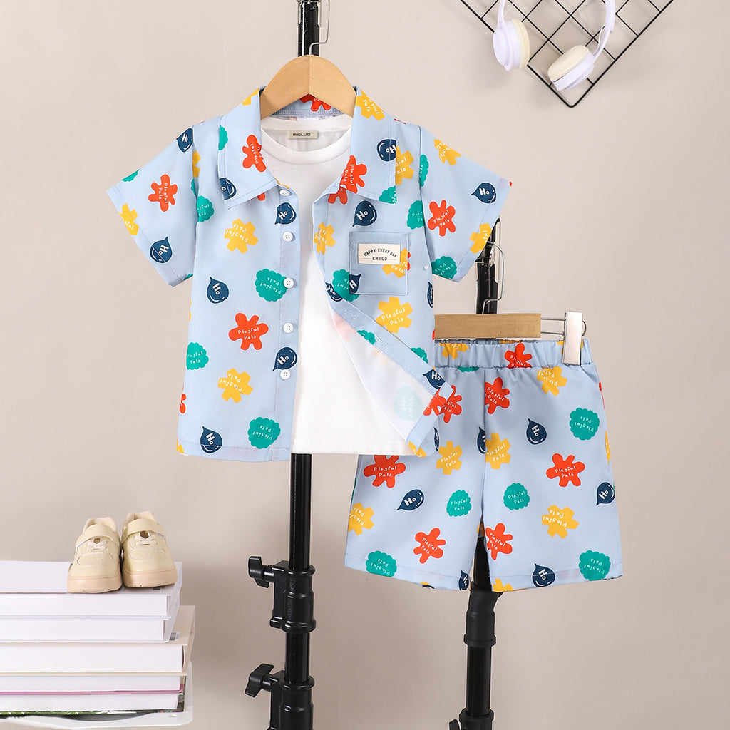 Boys Blue Short Sleeve Printed Shirt With Short Set 2 pc. Sets Blue 3-4 Y