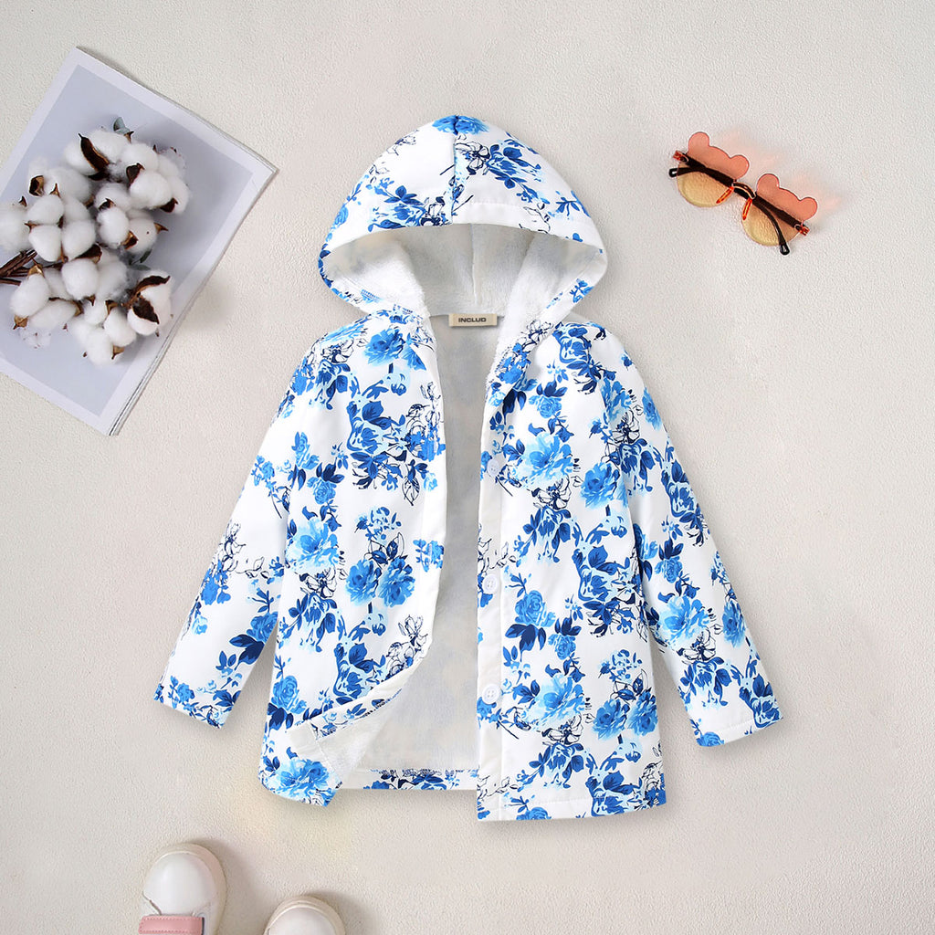 Girls Blue Floral Printed Hooded Front Open Winter Jacket Coats & Jackets Blue 3-4 Y